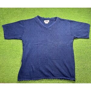 Vintage Crochet Knit Blouse Medium 80s Navy Blue Cotton Rayon Gina Peters